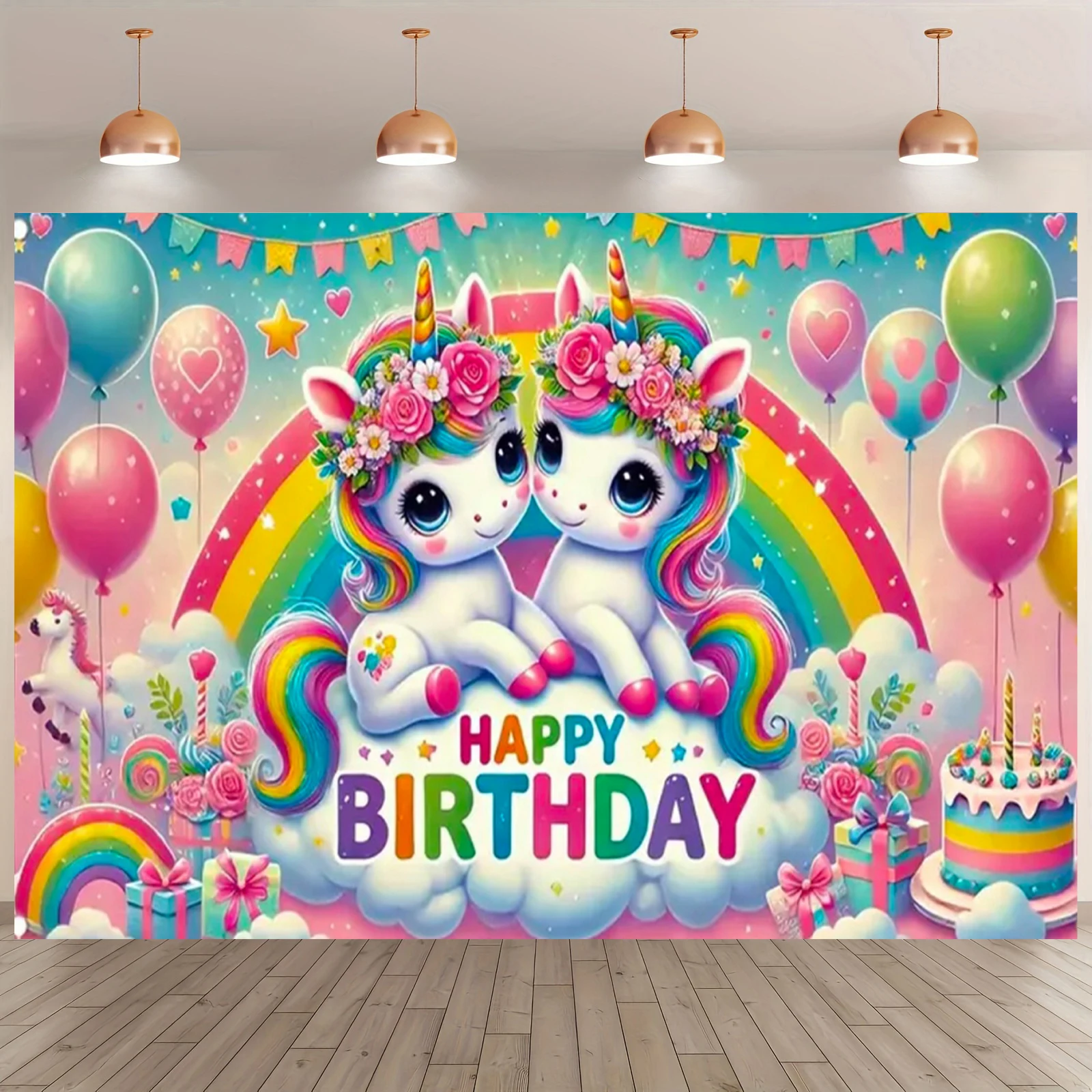 Rosa 3D Einhorn Hintergrund Mädchen Geburtstag Party Kuchen Tischdekoration Lieferungen Banner Baby Taufe Geschenk Fotografie Requisiten – Detail 17