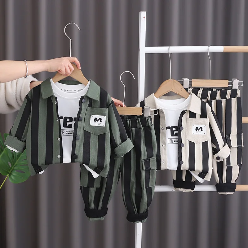 Baby Boy Luxury Clothes Set 2024 Spring Korean Fashion Vertical Striped Shirts + White T-shirts + Pants Kids Girls and Boys Suit