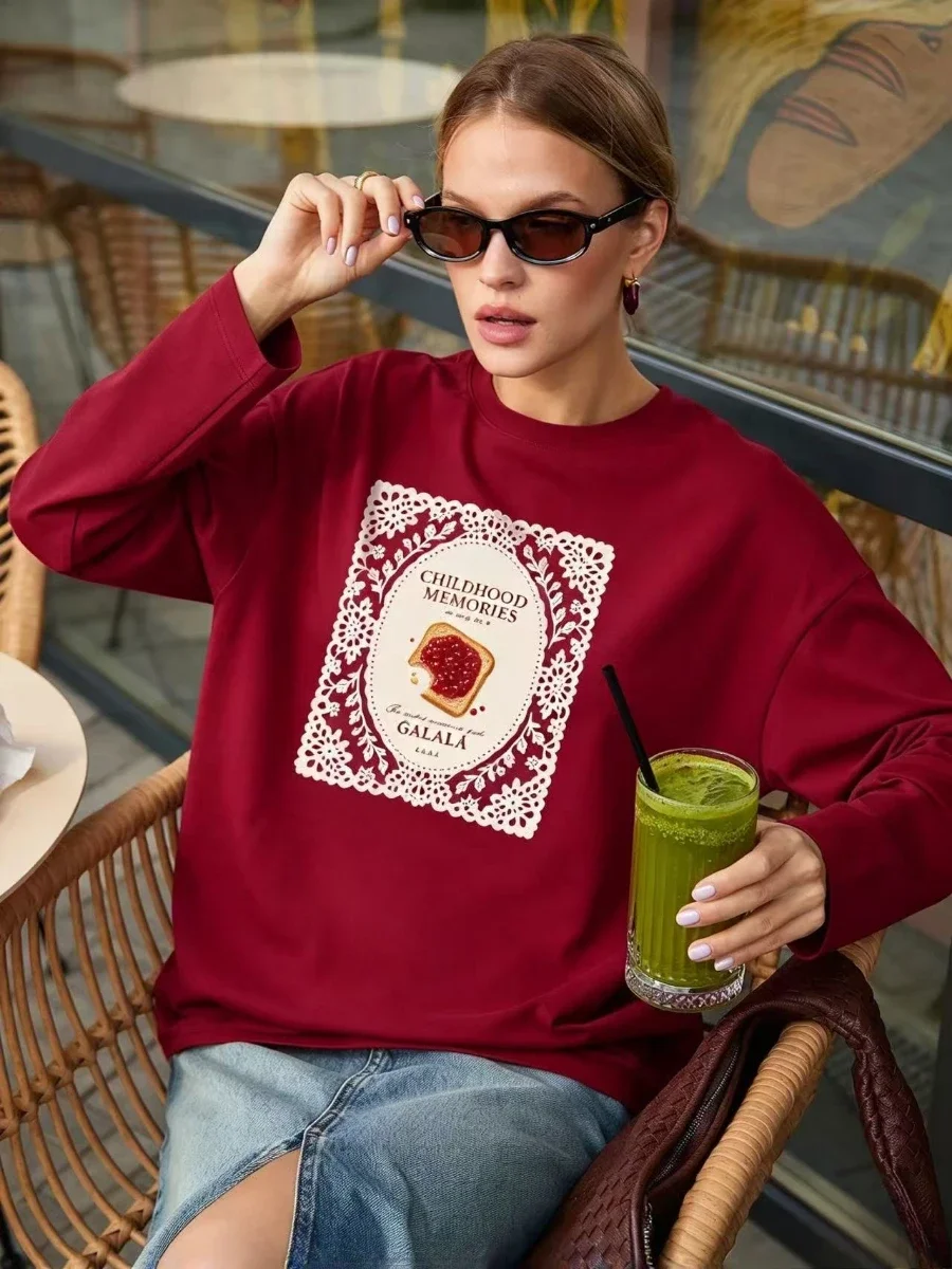Autumn American 100% Cotton Retro Women Frame Jam Toast Graphic Long Sleeve T-Shirt Loose Fit Vintage Casual Fall Top