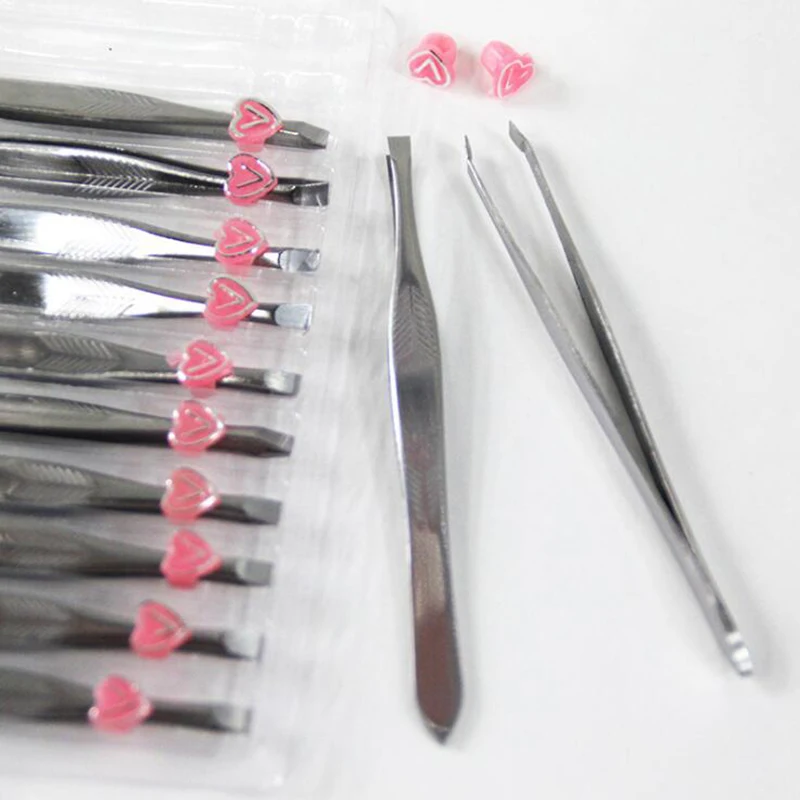 12Pcs/pack Stainless Steel Slanted Eyebrow Tweezers Face Hair Removal Clip Makeup Tool Women Cosmetics Beauty Wholesale