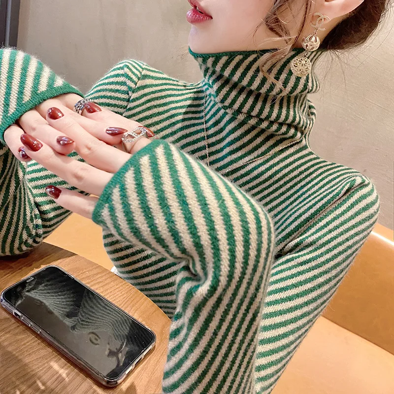 YUQI Turtle Neck Cashmere Sweater Women Korean Striped Slim Warm Knitted Pullover Winter Outwear Bottoming Shirt Female Jumpers