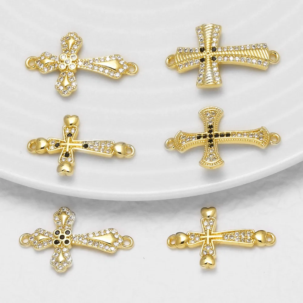 OCESRIO White Crystal Cross Charm for Bracelet Copper Gold Plated Heart Crucifix Handmade DIY Jewelry Makiking Component chma216