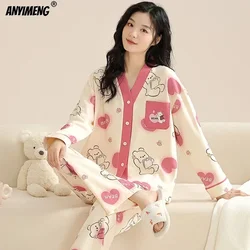 Cute Women Pajamas Autumn Winter Faux Cotton Sleepwear Kimono V-neck Homesuits Lady Nightwear Long Sleeves Pijamas Sweet Gril Pj