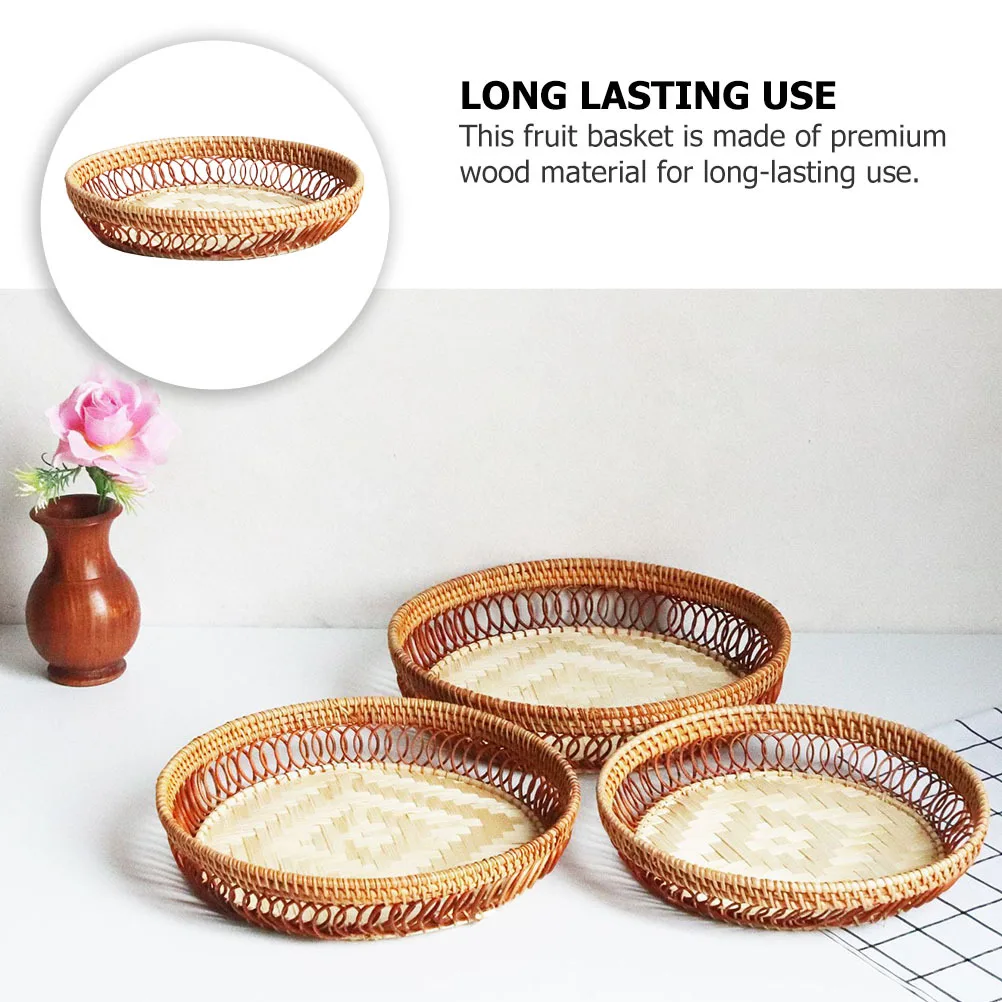 

1pc Fruit Basket Natural Woven Wood Hollow-Out Drainable Snack Holder Kitchen Countertop Party Storage Round Food Organizer