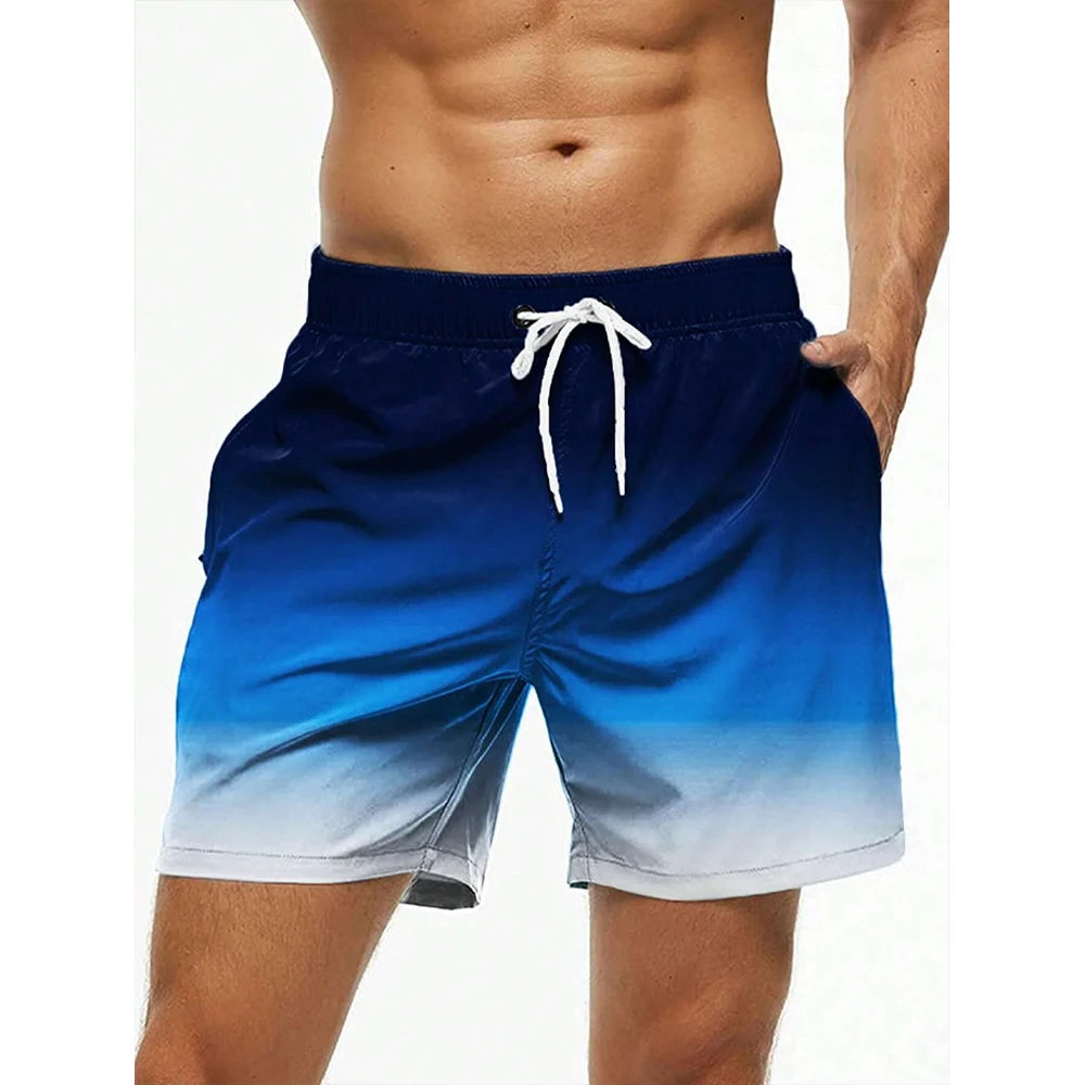 

Summer Men's Swim Trunks Elastic Waist 3D Print Breathable Short Streetwear Men's Beach Shorts Gradient Color Block Drawstring