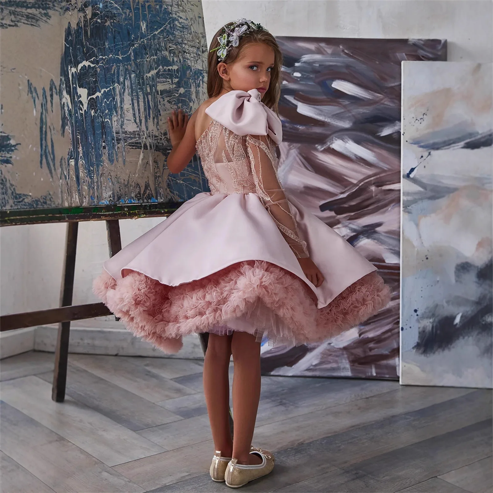 Pink Children Dress Fashionable Banquet One Shoulder Bow Long Sleeved Fluffy Princess Dress Birthday Party Temperament Dress