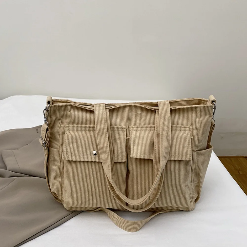 

Large Capacity Corduroy Tote Bag Vintage Pure Color Multi-pocket Shoulder Bag Handbag Elegant Casual Underarm Bag Shopping