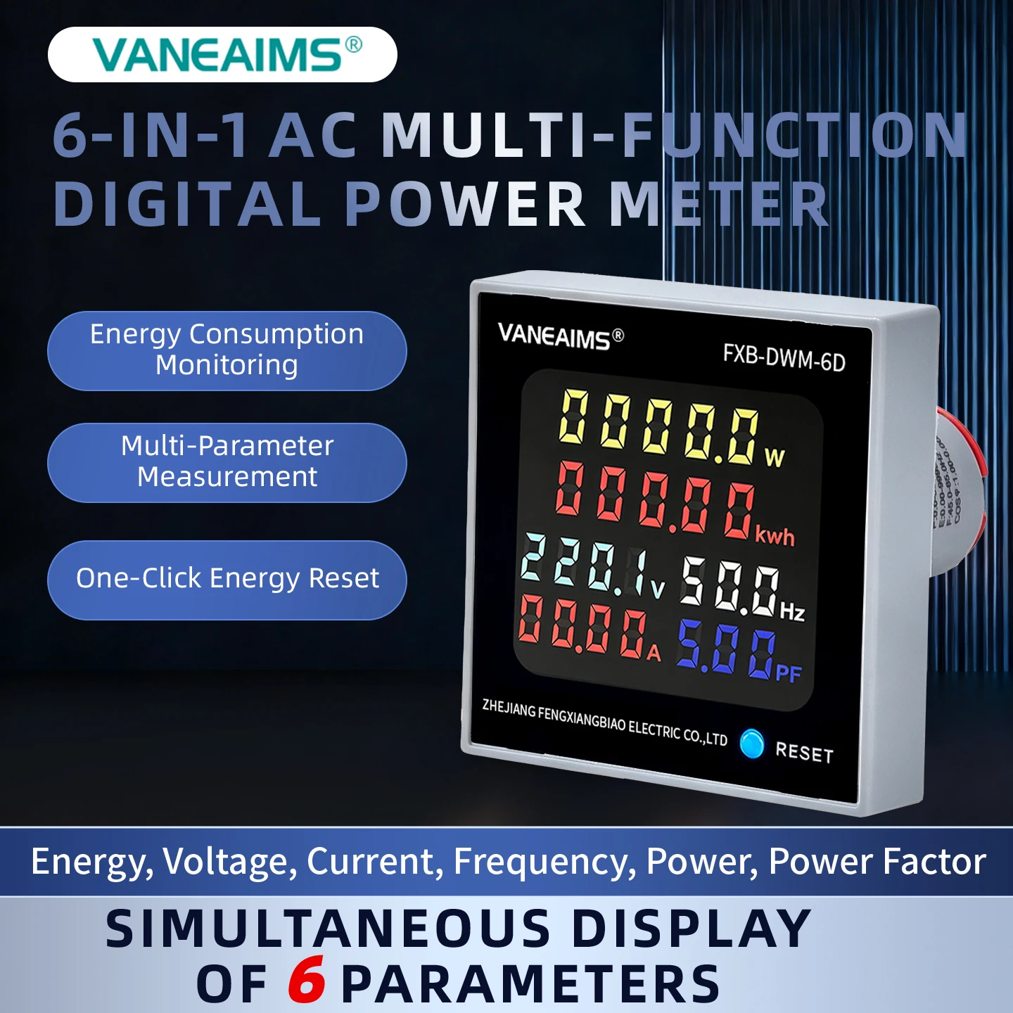6IN1 Digital Display AC Voltmeter Ammeter Energy Meter Frequency Monitor 100A KWH Current Voltage Signal Light Indicator 22MM