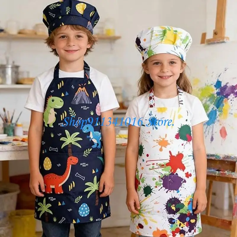  Children Art Smock And Cook Hat Set Double Layer Polyester Kitchen Art Drawing Apron For Water Resistant Protections