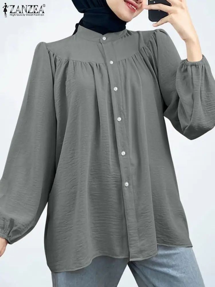 

Muslim Solid Blouse Wmen Long Sleeve Buttons Down Shirt ZANZEA Elegant Causal Tops Isamic Clothing Turkish Blouses Eid Kaftan