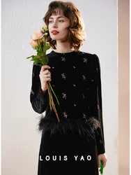 LOUIS YAO Women Top 2024 New Arrival Embroidered Floral Velvet Top Elegant Fluff Round Neck Long Sleeve Women's Top