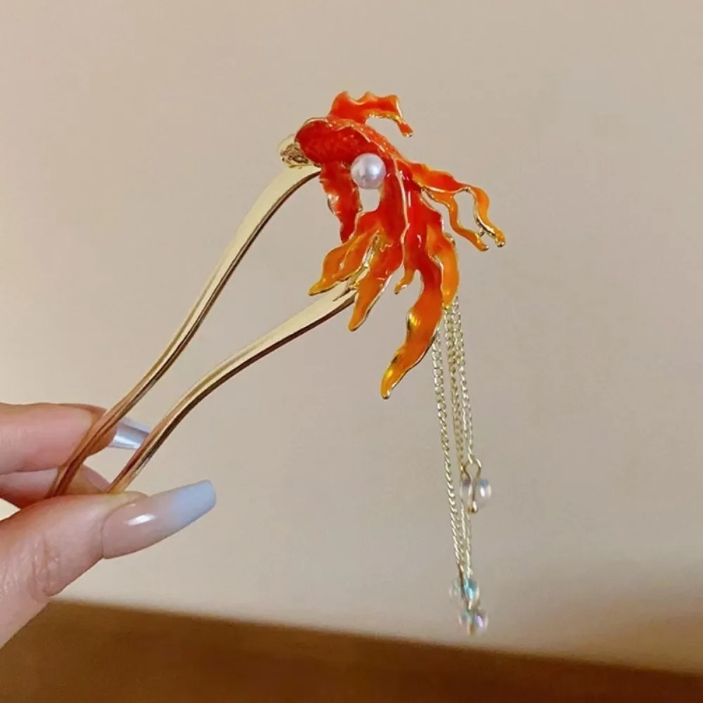 Chinese Style Metal Red Fish U-Shape Hair Sticks for Women Vintage Tassel Beads Hair Forks Hanfu Wedding Party Hair Accessories