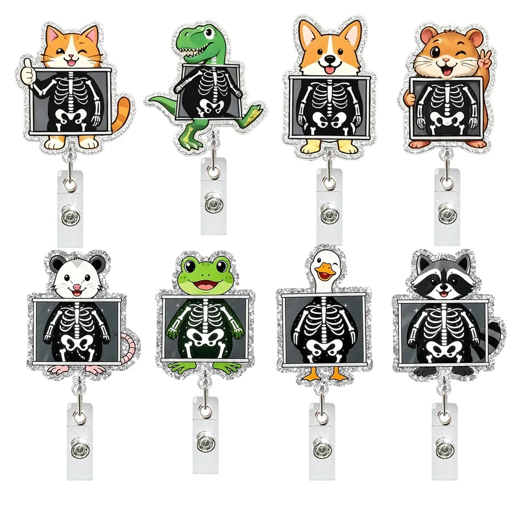 Cute Animal X-Ray Skeleton Retractable Badge Reel, Acrylic Rotating Id Badge Clip For Medical Staff, Extends Up To 25.6 Inch
