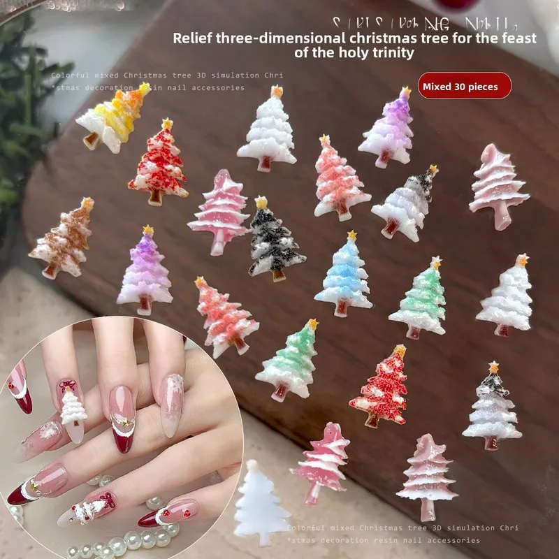 60pcs Embossed Christmas Tree Nail Charms Hot Sale Gradient Resin Rhinestones DIY Press On Nails Manicure Decor Accessories