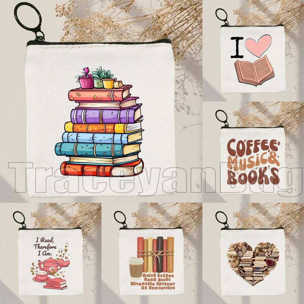

Aesthetic Floral Stack of Books Coffee Flowers Heart Book Quotes Reading Gifts Canvas Coin Purse Key Case Small Bag Wallet Pouch