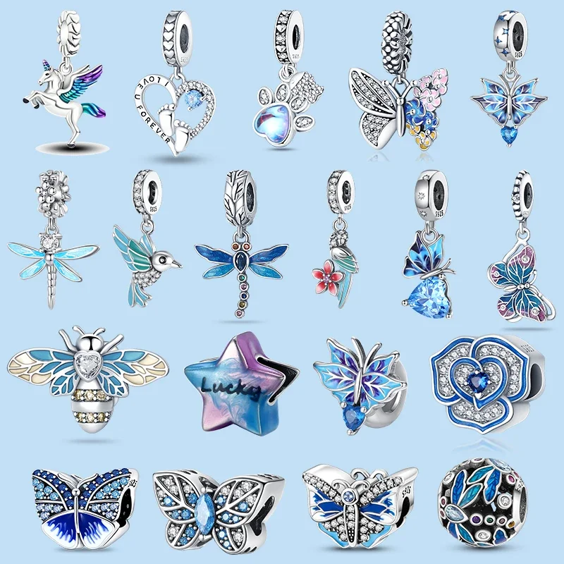 

925 Sterling Silver Blue Murano Bead Pansy Flower Dangle Charm Fit Original pandora Brand Bracelet And Necklace Jewelry Gift