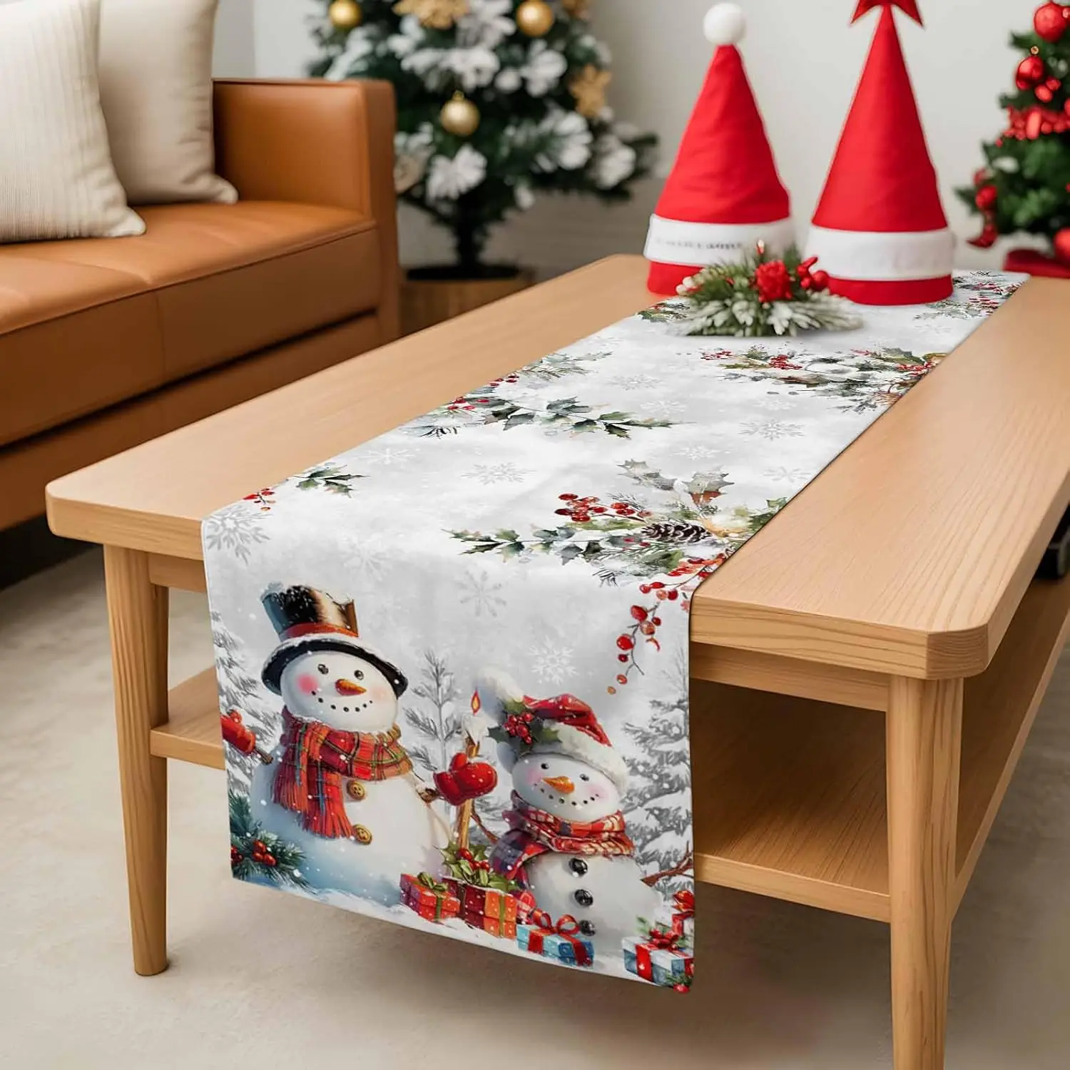 Christmas Snowman Pine Berries Table Runner Party Decor Reusable Winter xmas Kitchen Dining Table Runner Christmas Decorations