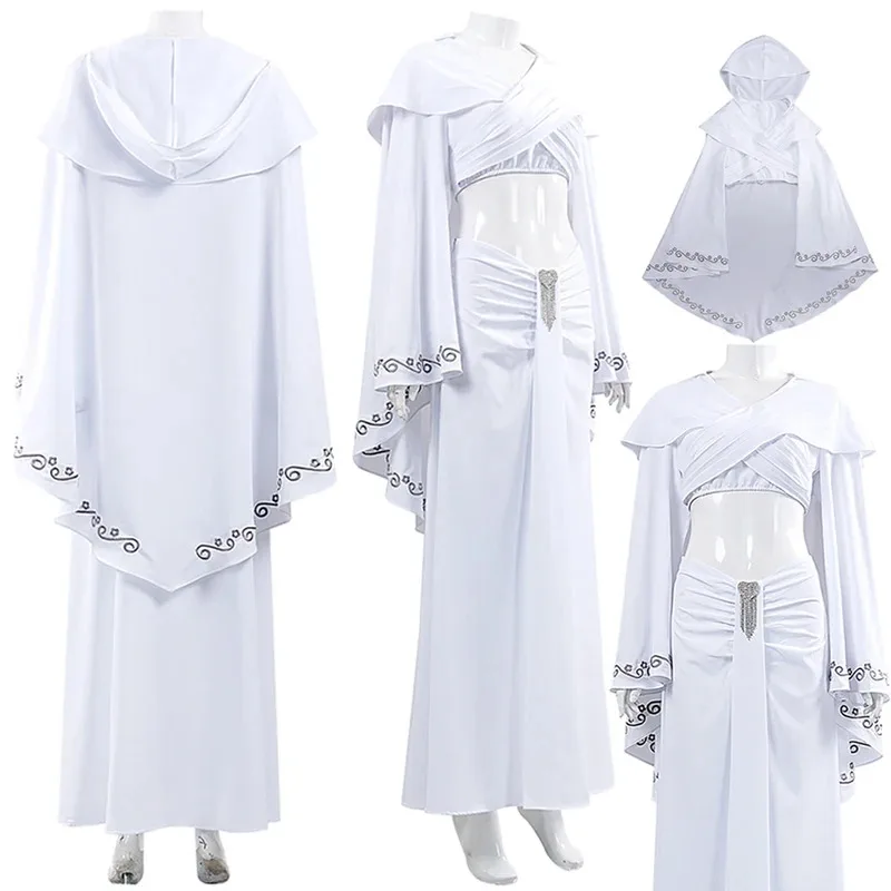 Padme Cosplay Amidala Abito bianco Costume Film Spazio Battaglia Travestimento Completo bianco Abiti Mantello con cappello Gonne Abiti di Halloween