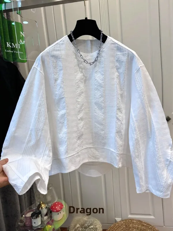 

Elegant Pleated Long Sleeve Shirt Women Loose plus Size round Neck Vertical Stripes Top Breathable Comfortable Skin-Friendly
