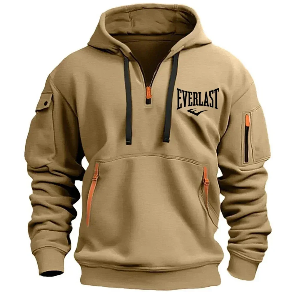 Kapuzenpullover mit halbem Reißverschluss, mehreren Reißverschlüssen an den Ärmeln und einer aufgedruckten Schrift, Sweatshirt für Herbst/Winter, taktische Streetwear, Kapuzenoberteile, Freizeit- und Sportbekleidung. – Detail 2
