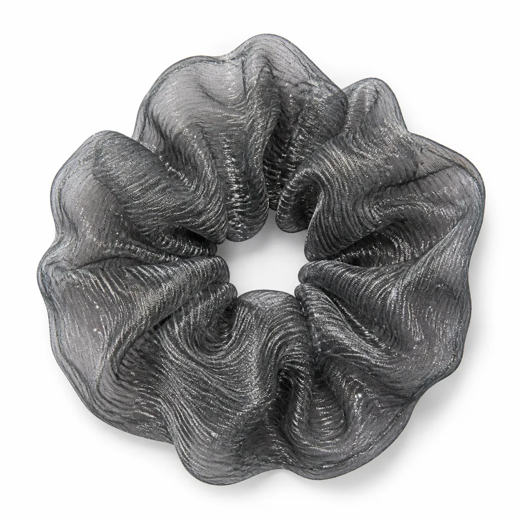 smoky-charcoal-silver-shimmer-organza-single-layer-scrunchie-sheer-handmade-hair-tie