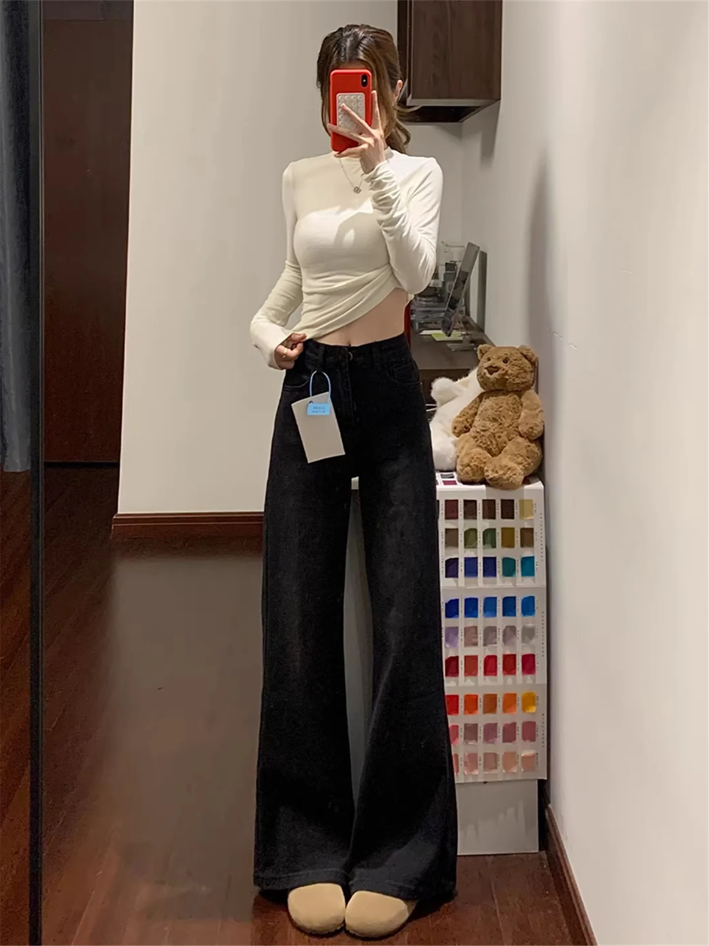 

American Retro Black Bell Bottom Jeans Women Loose Drapey Tall Extended Casual Pants High Waist Cotton Denim Spring Leisure