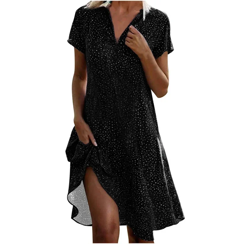 Vestidos elegantes femininos verão com decote em v casual dot impresso vestido de manga curta moda férias camisa vestidos 2024