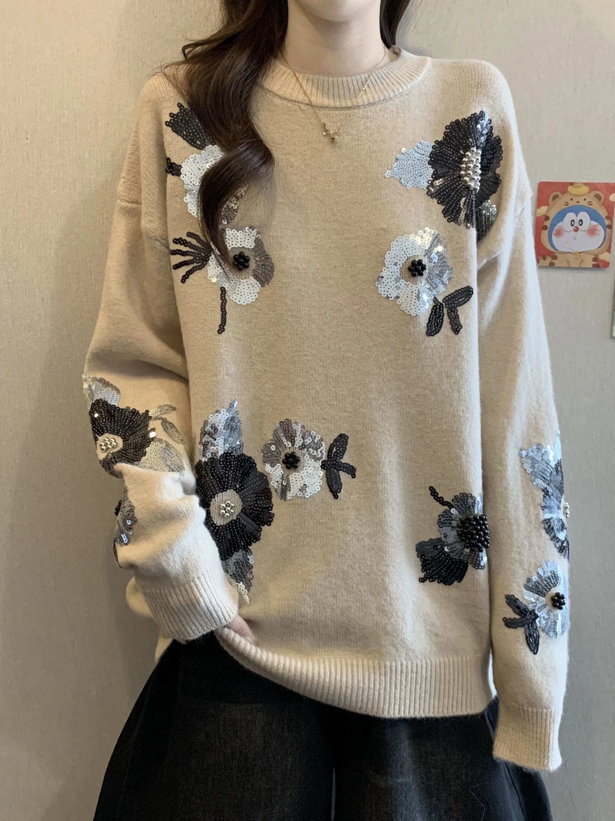 

plus Size Women's Heavy Embellied Flower round Ne Knitwear Loose Fit Thiened Casual Top High Waist Polyester Fiber