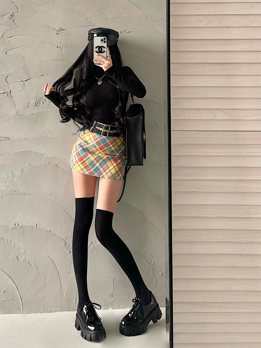 Retro High Waist Plaid Skirt Women's Bodycon Short Skirts Anti-Light Checkered Half Skirt Slimming Double Belt Skirts