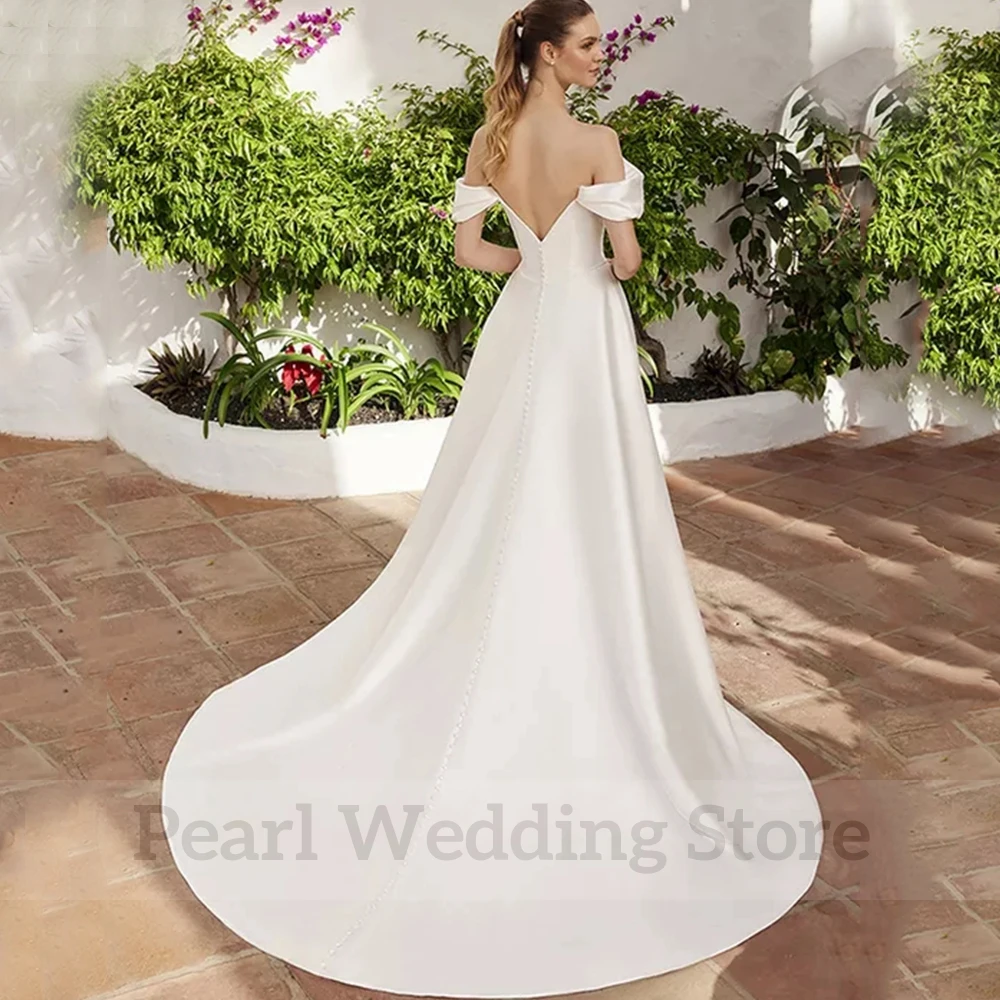 Elegant Pleat Off the Shoulder Wedding Dress with Pocket A-Line Floor Length Side Slit Backless Princess Bridal Sweep Train Gown