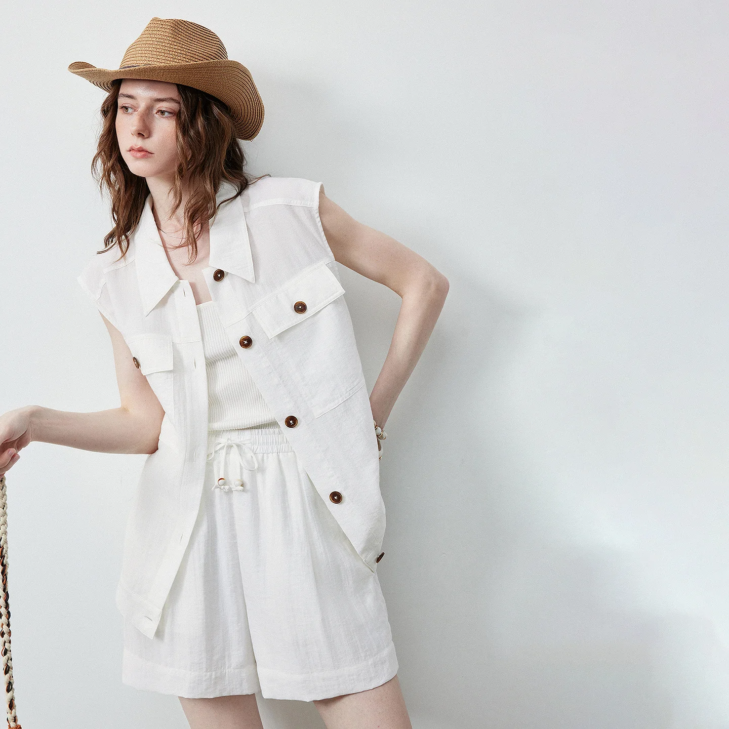TOYOUTH Women 2 Piece Set 2026 Summer New Lyocell Linen Blend Off White Old Money Sleeveless Cardigan Vest Shorts Outfits