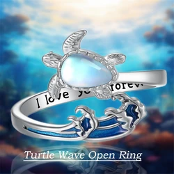 1Pc Exquisite Wave Moonstone Turtle Open Ring Fashion Summer Beach Jewelry Daily Accessories Women's Ocean Style Perfect Gift
