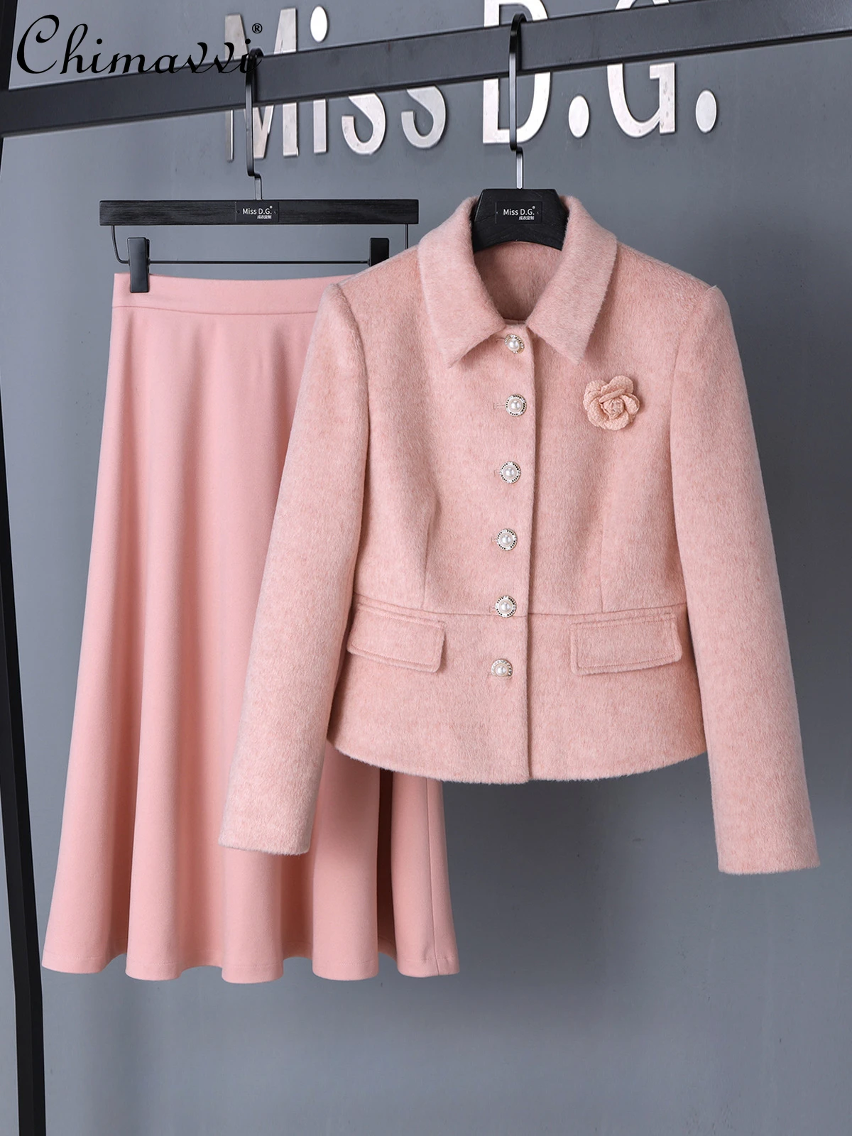 High-end Commuter Women's Skirt Set Autumn and Winter New Fashion Long-sleeved Lapel Jacket Coat Skirt 2-piece Women's Outfits