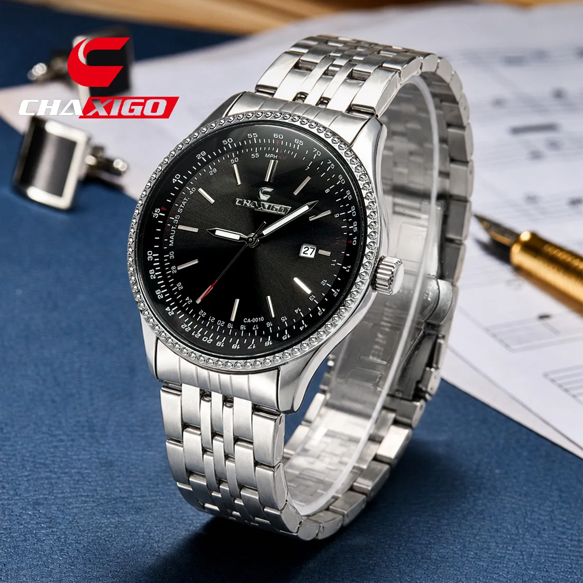 New Chaxigo Steel Belt Alloy Round Watch Foreign Trade Calendar Quartz Movement Luminous Waterproof Men's Watch