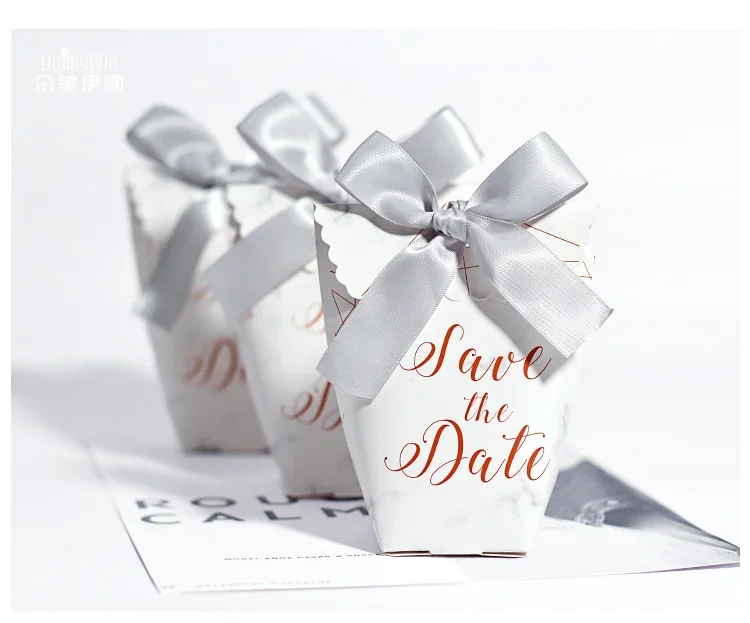 

100pcs New Wedding Favors Marble Candy Boxes with sliver grey ribbon Save the date paper Gift Bag Party Chocolate Box