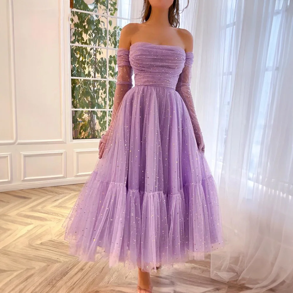 Chraming Boat Collar Tulle Puffy Beaded Shiny Prom Dress for Women A-line Tea-Length Backless Prom Party Gown robes de soirée