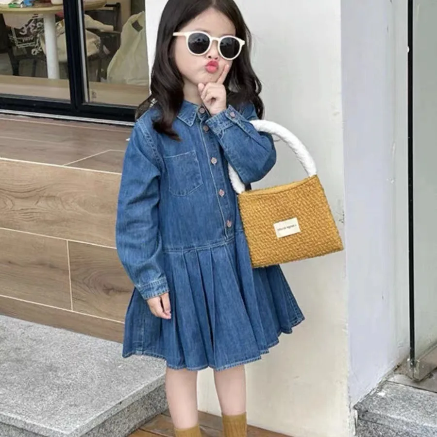 

Girls' Spring 2024 New Fashionable Children's Korean Long Sleeved Denim Casual Hundred Pleats Princess Dress