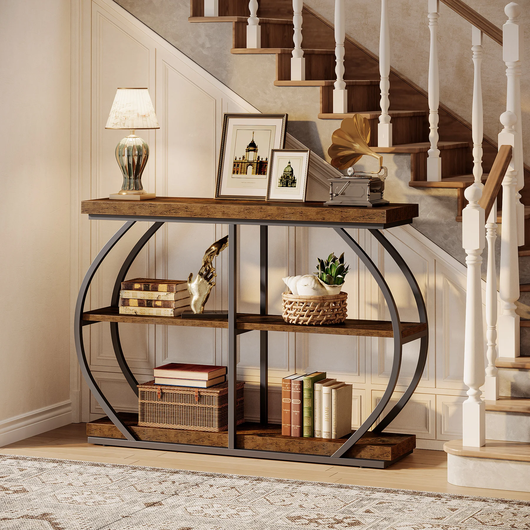 Tribesigns 41.3" Console Table, Industrial 3-Tier Entryway Table with Arched Metal Frame and Storage Shelves for Living Room view 2