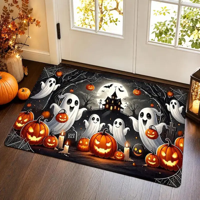 VIKAMA Halloween Holiday Doormat Ghost Pumpkin Bat Night Scene Non‑Slip Floor Mat Indoor Outdoor Entrance Festival Home Decor