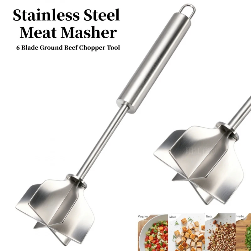 

New 304 Stainless Steel Masher Crusher, 6-Blade Potato Ricer Meat Grinder, Manual Food Chopper for Kitchen Home