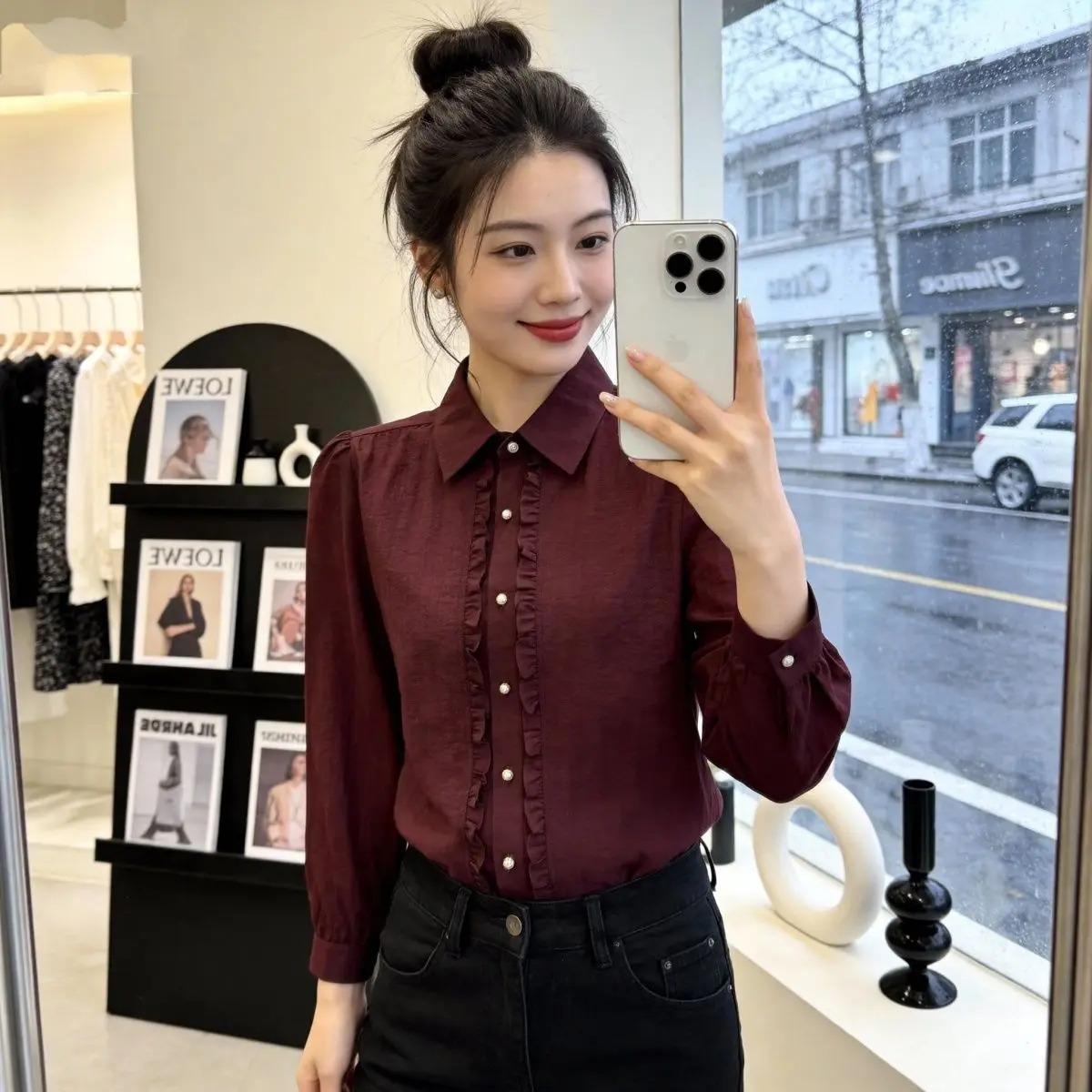 

Spring New Sle Faionable irt with Wooden Long Sve Slimming Sli Anti-Aging Versatile Top for Women