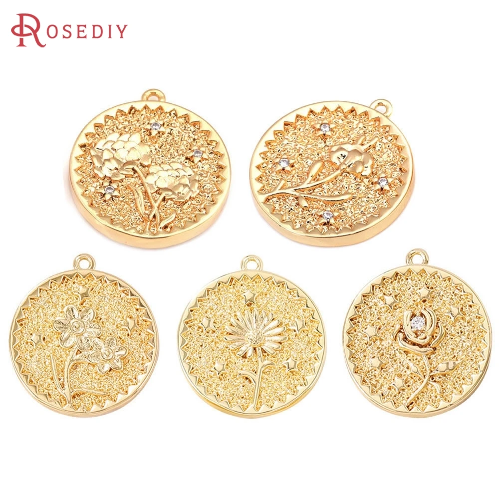 

18K Gold Color Brass and Zircon Round Flower Charms Pendants High Quality Jewelry Making Necklace Earrings Accessories for Women