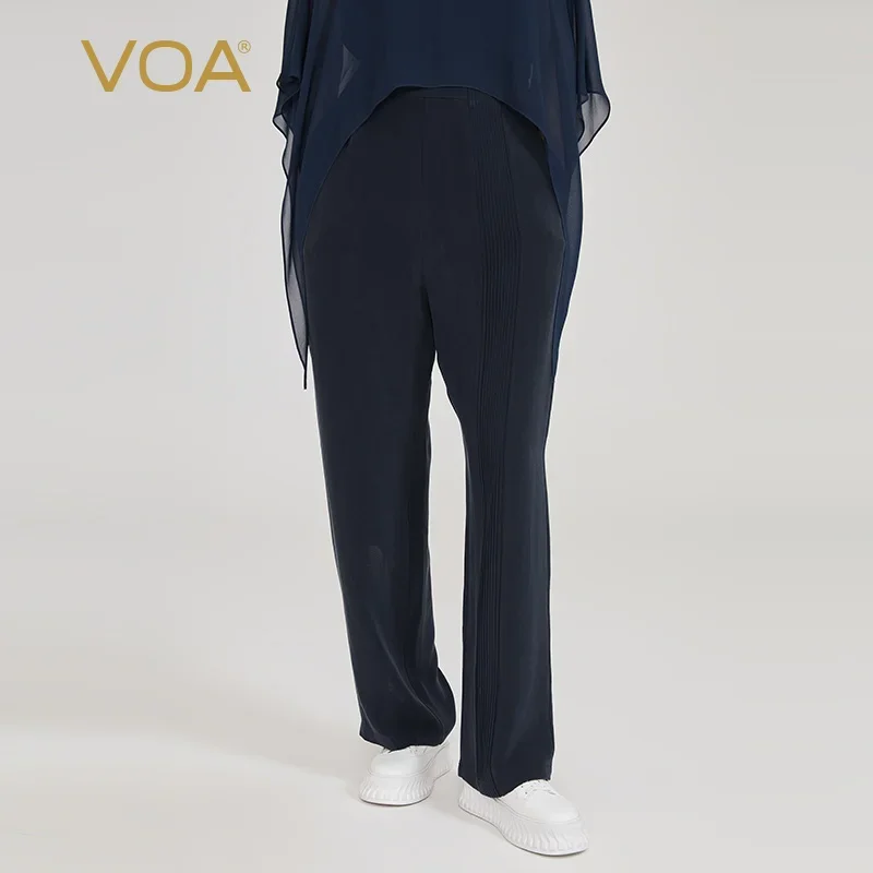 

VOA Silk Navy 30 Momme Heavyweight Sandwashed Natural Waist Trousers Side Pocket 3D Pleated Silk Straight Leg Pants KE961