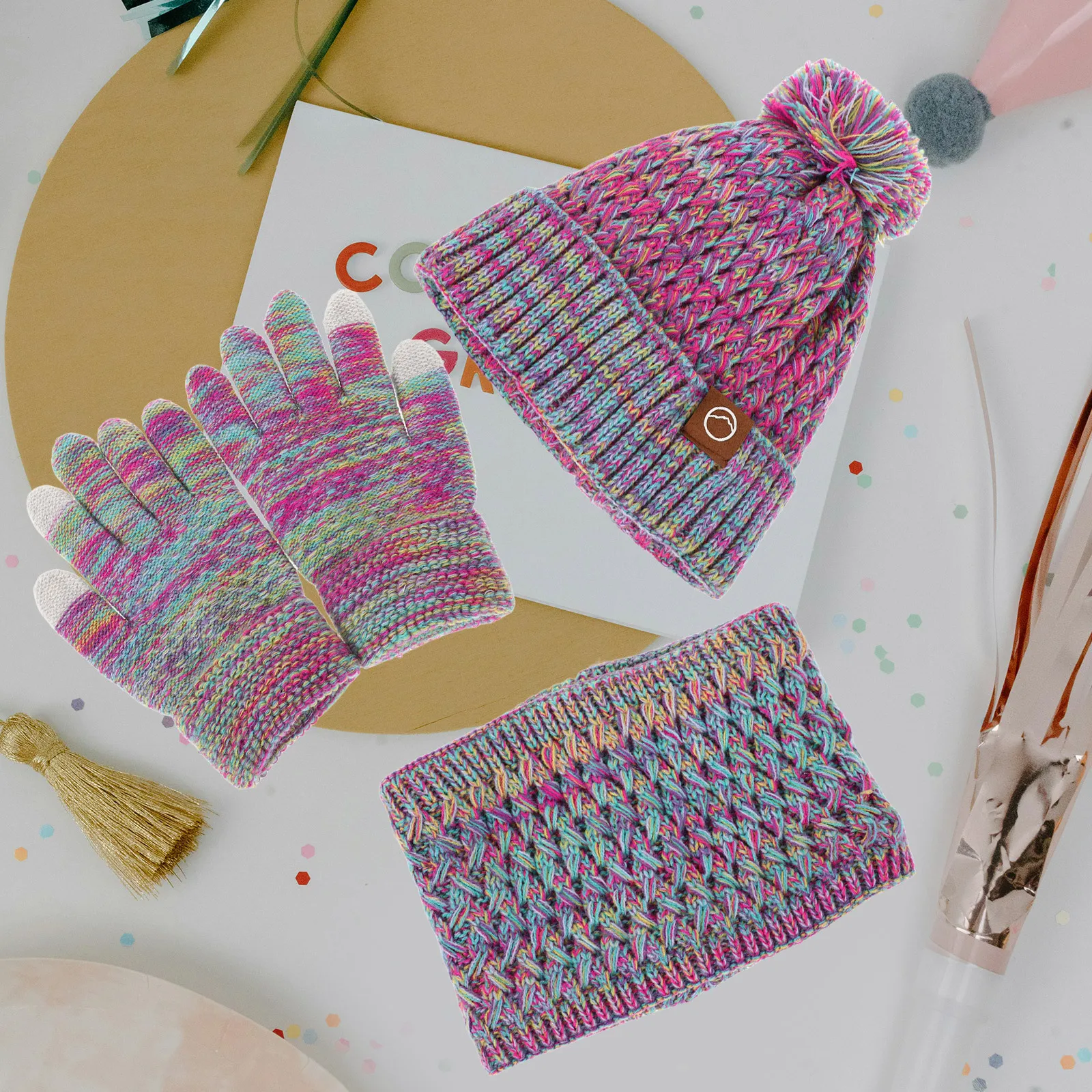 الشتاء قبعة قفازات وشاح مجموعة لصوف مبطن قبعة مع بوم بوم محبوك الدافئة الرقبة الجراب قفازات ملابس خارجية #3