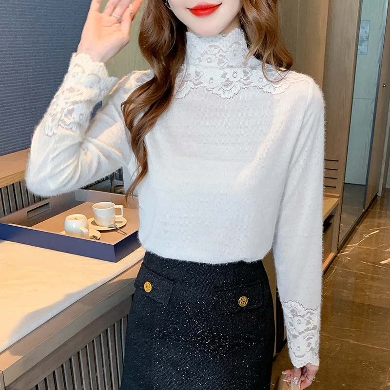 

White Lace Splice Long Sve f High Collar Base irt Women's Autumn Winter Layering Floing Inner Me Top Korean Sle