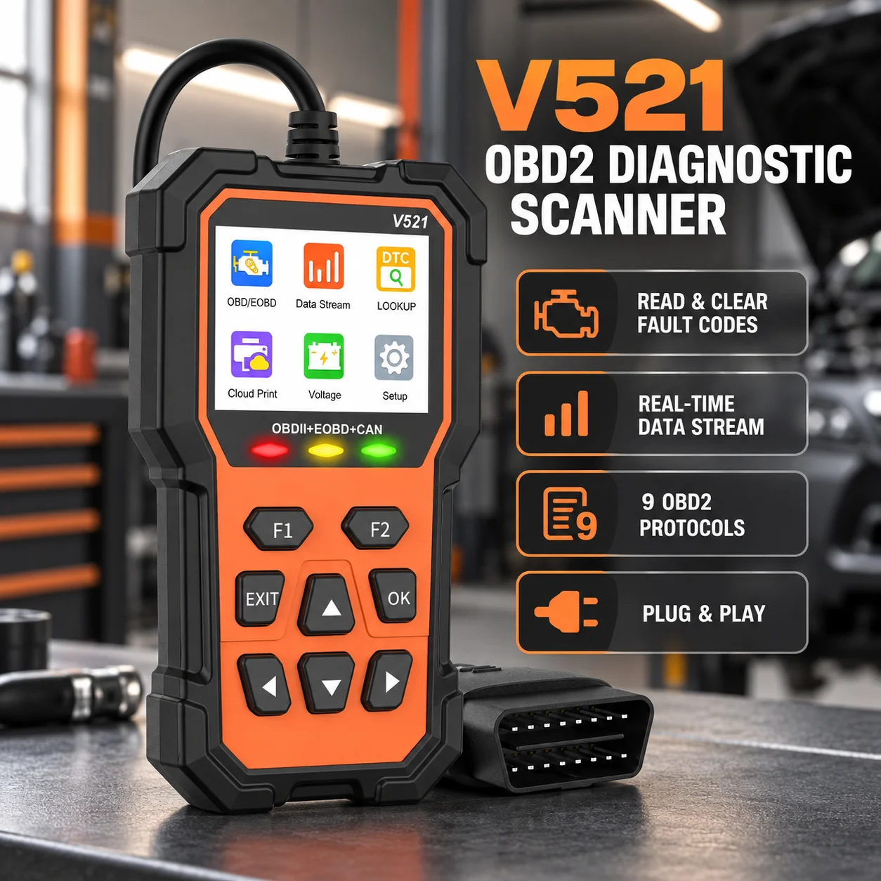 Scanner diagnostico per autoveicoli V521 OBD2, con lettore di codici di errore, visualizzazione in tempo reale dei dati, test di tensione e funzione di ripristino della spia del motore.