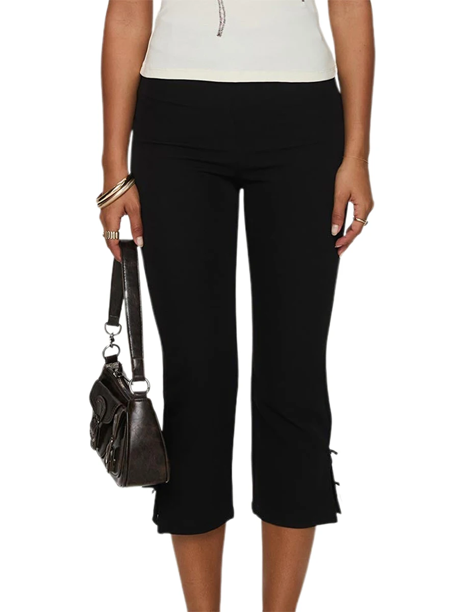ผู้หญิงกางเกงคาปรีสีทึบ Bow Decor ฤดูร้อน Casual Cropped กางเกงยืด Crop Leggings