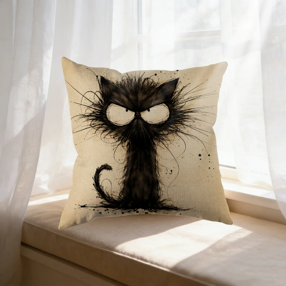 Cute Cat Throw Pillow Cream Black Cat With Big Eyes And Whiskers Home Decor For Living Room Bedroom Window Seat