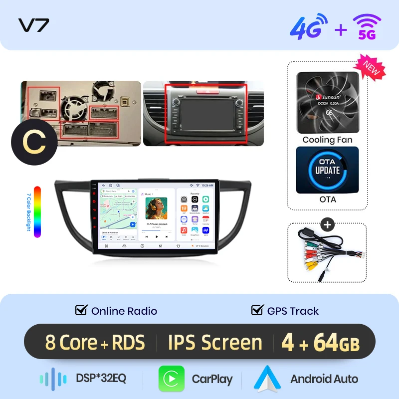 Junsun draadloze CarPlay Android Auto autoradio voor Honda CR-V Mk4 (RM) 2011-2018 met ingebouwde koelventilator, Android GPS navigatie, multimediaspeler, WiFi, DSP, RDS, BT, SWC, IPS touchscreen,