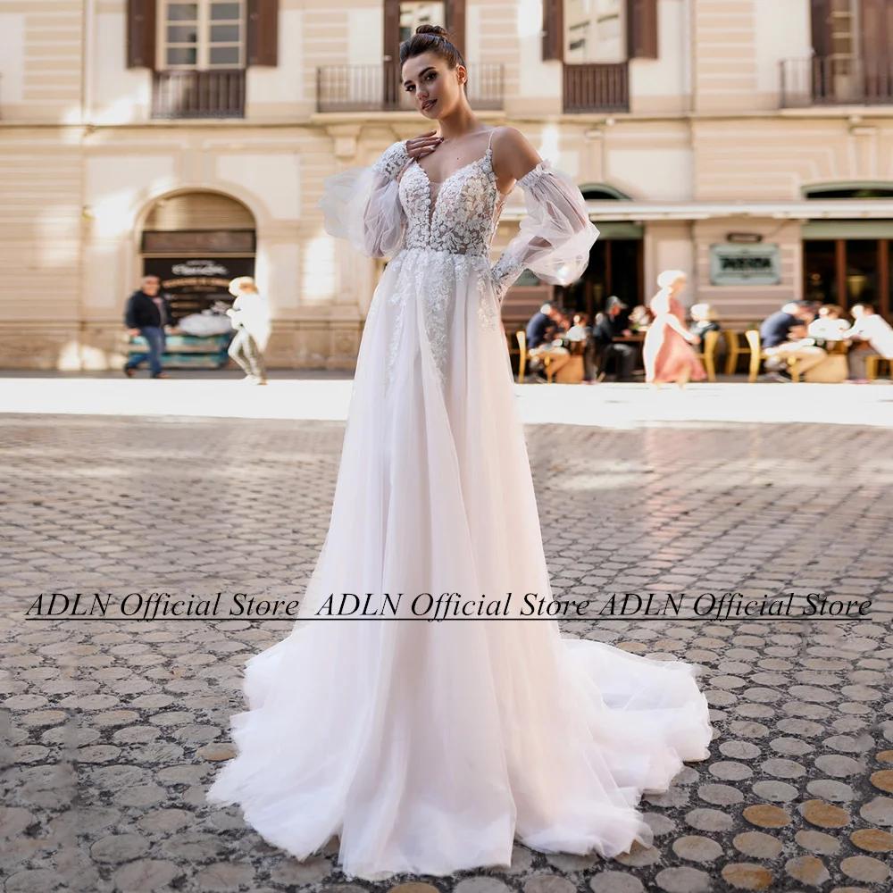 

Sexy Wedding Dress Vestido De Noiva V Neck Detachable Sleeve See Through Applique A Line Woman Bridal Gown Custom Size